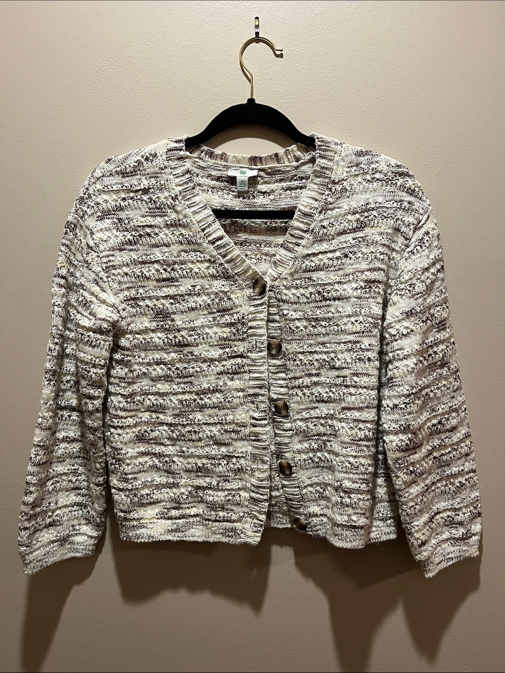 Dip Cozy Knit Button-Front Cardigan Sweater in Cream and Brown